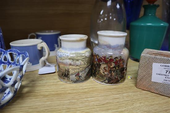 A Victorian blue and white chestnut basket, a caddy, two Prattware pots, etc.